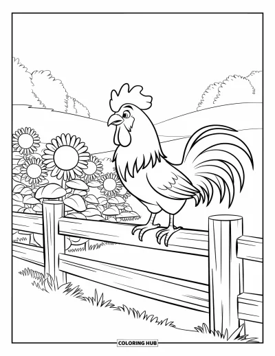Desenho de galo para colorir para crianças: Um galo sentado em uma cerca ao lado de girassóis floridos