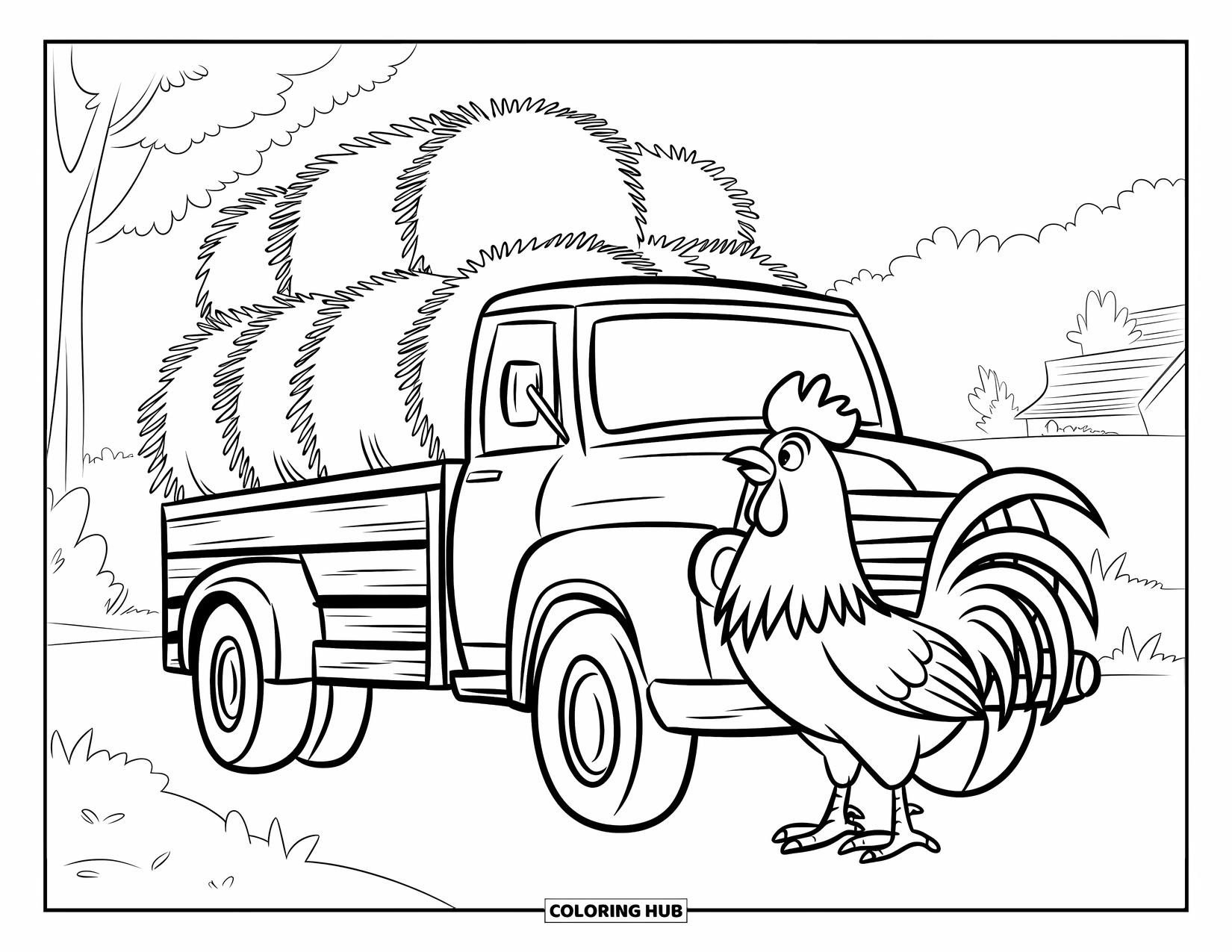Rooster Coloring Page for Kids: A rooster stands beside a hay-filled farm truck in a calm country scene