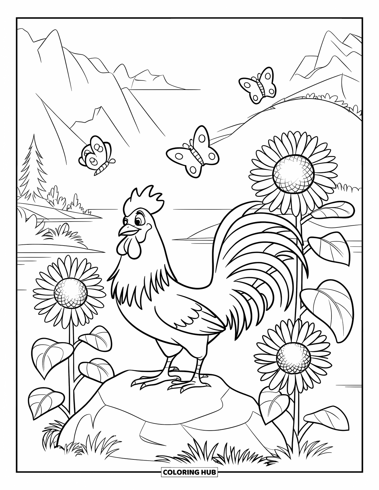 Rooster Coloring Page for Kids: A rooster stands on a rock among sunflowers and butterflies
