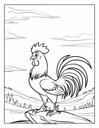 Desenho de galo para colorir para crianças: Um galo de pé orgulhoso em uma pedra com colinas e árvores ao redor