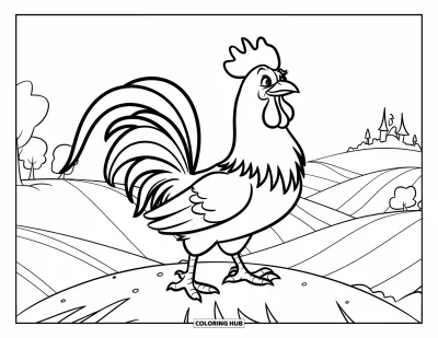 Desenho de galo para colorir para crianças: Um galo erguido em uma colina com um castelo ao longe