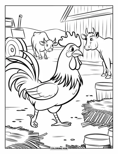 Desenho de galo para colorir para crianças: Um galo caminha pelo terreiro com vacas e um trator ao fundo