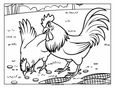 Desenho de galo para colorir para crianças: Um galo com coleira bica milho ao lado de um campo verde tranquilo