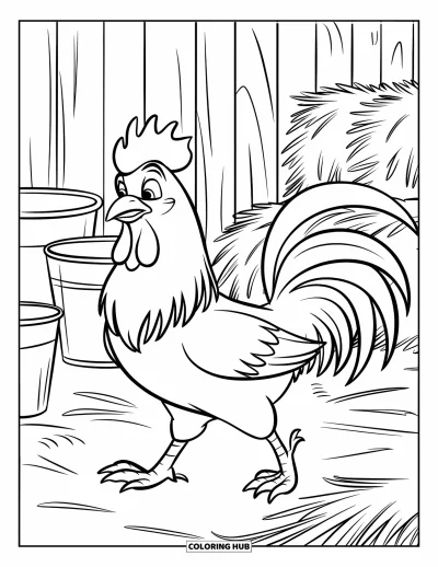 Desenho de galo para colorir para crianças: Um galo com coroa passa por feno e baldes no terreiro