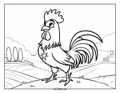 Desenho de galo para colorir para crianças: Um galo com uma estrela no peito de pé com orgulho em uma colina ventosa