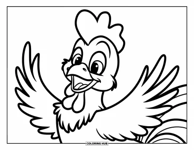Desenho de galo para colorir para crianças: Galo animado ergue as asas com uma expressão simpática e brincalhona