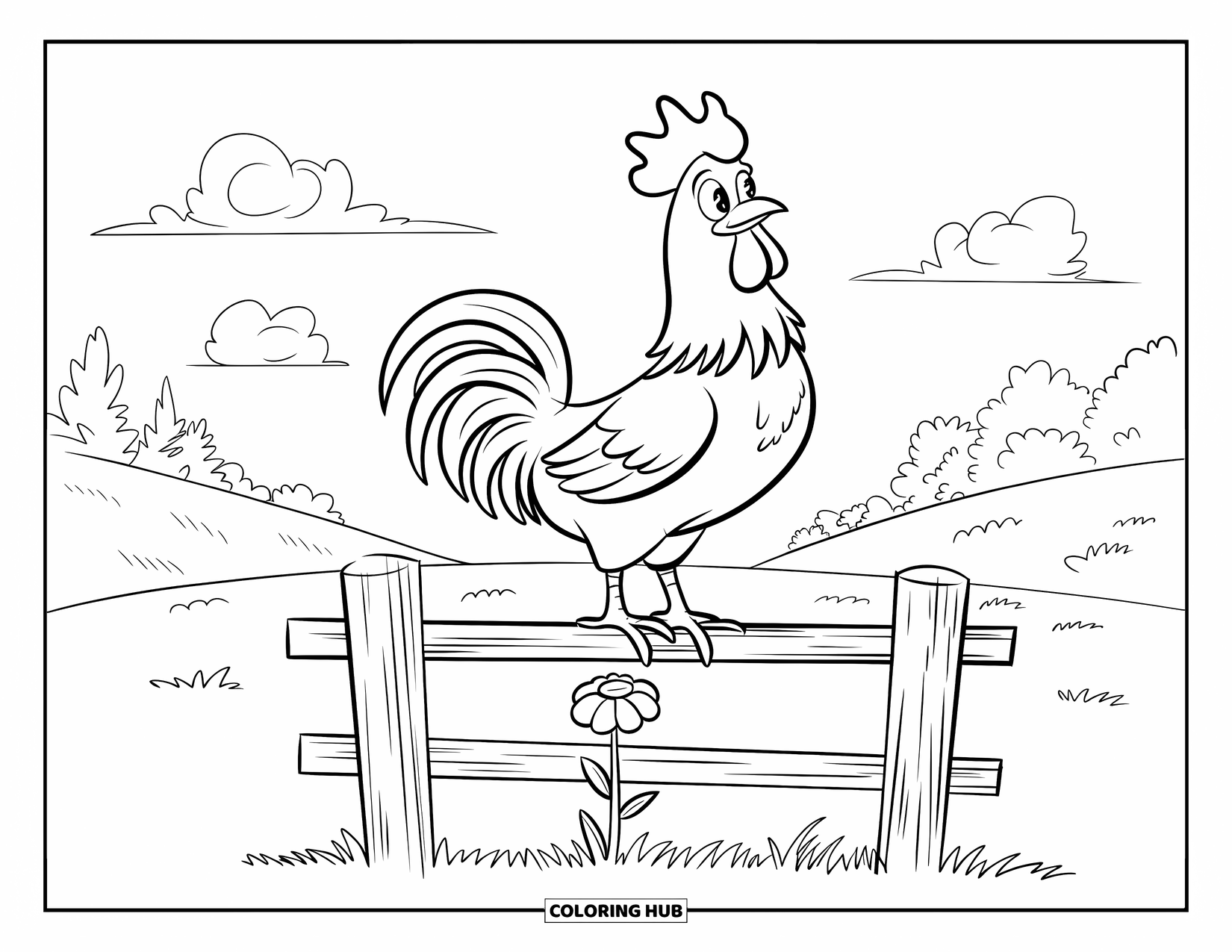 Rooster Coloring Page for Kids: Chubby rooster on a fence post near a flower and rolling hills