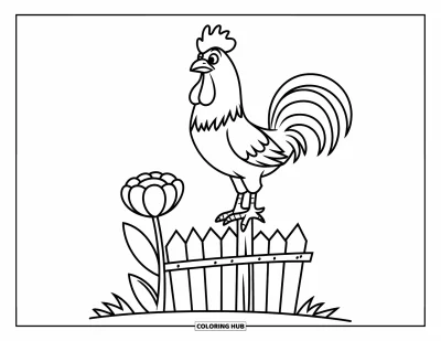 Desenho de galo para colorir para crianças: Galo robusto empoleirado em um fino poste de cerca com uma flor na base