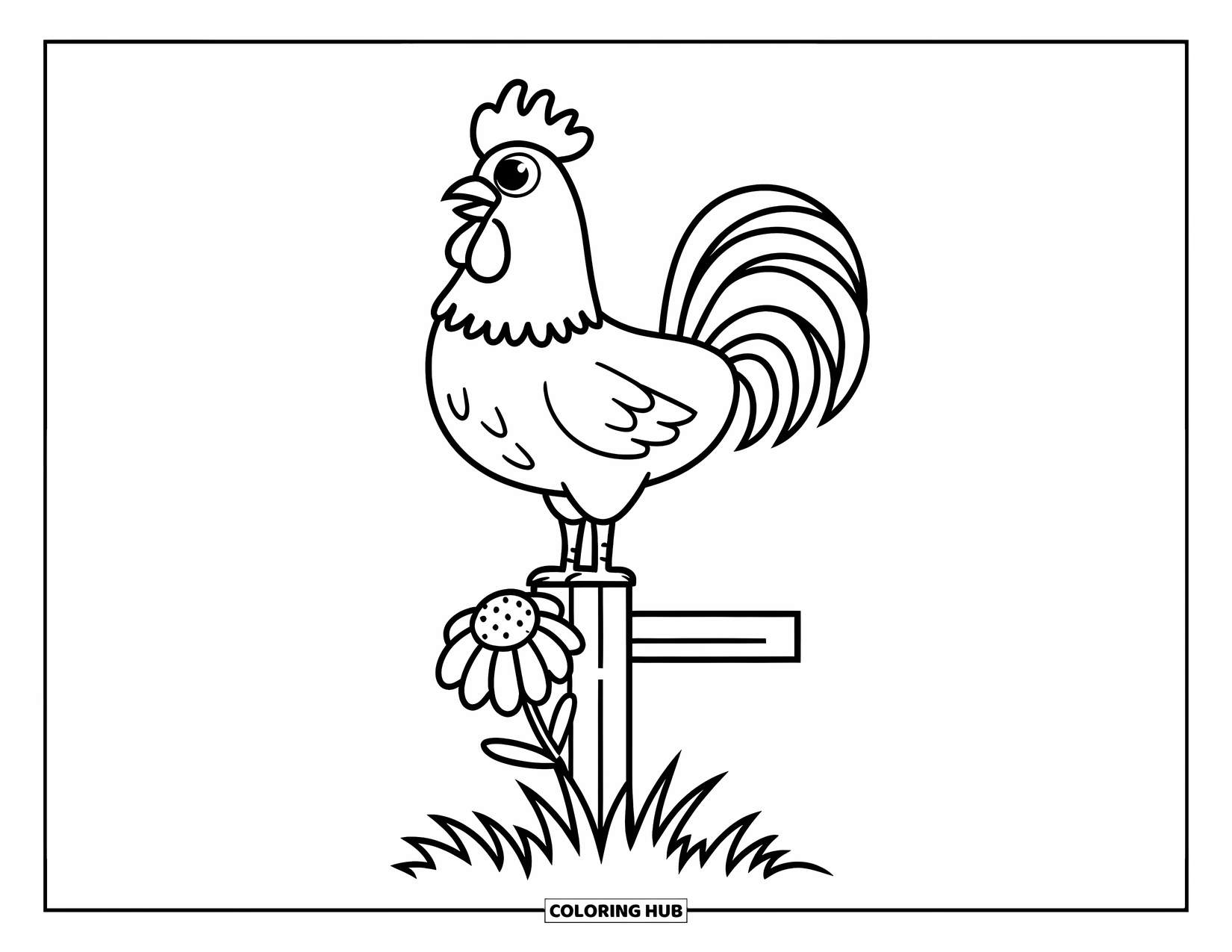 Rooster Coloring Page for Kids: Chunky rooster stands tall on a fence post with a flower below