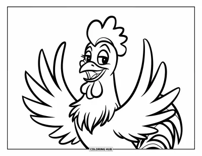 Desenho de galo para colorir para crianças: Galo animado ergue as asas em uma pose alegre