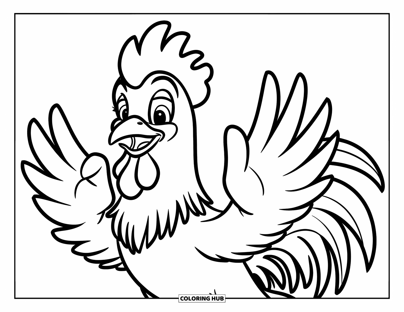 Rooster Coloring Page for Kids: Happy rooster lifts its wings high with no one else around
