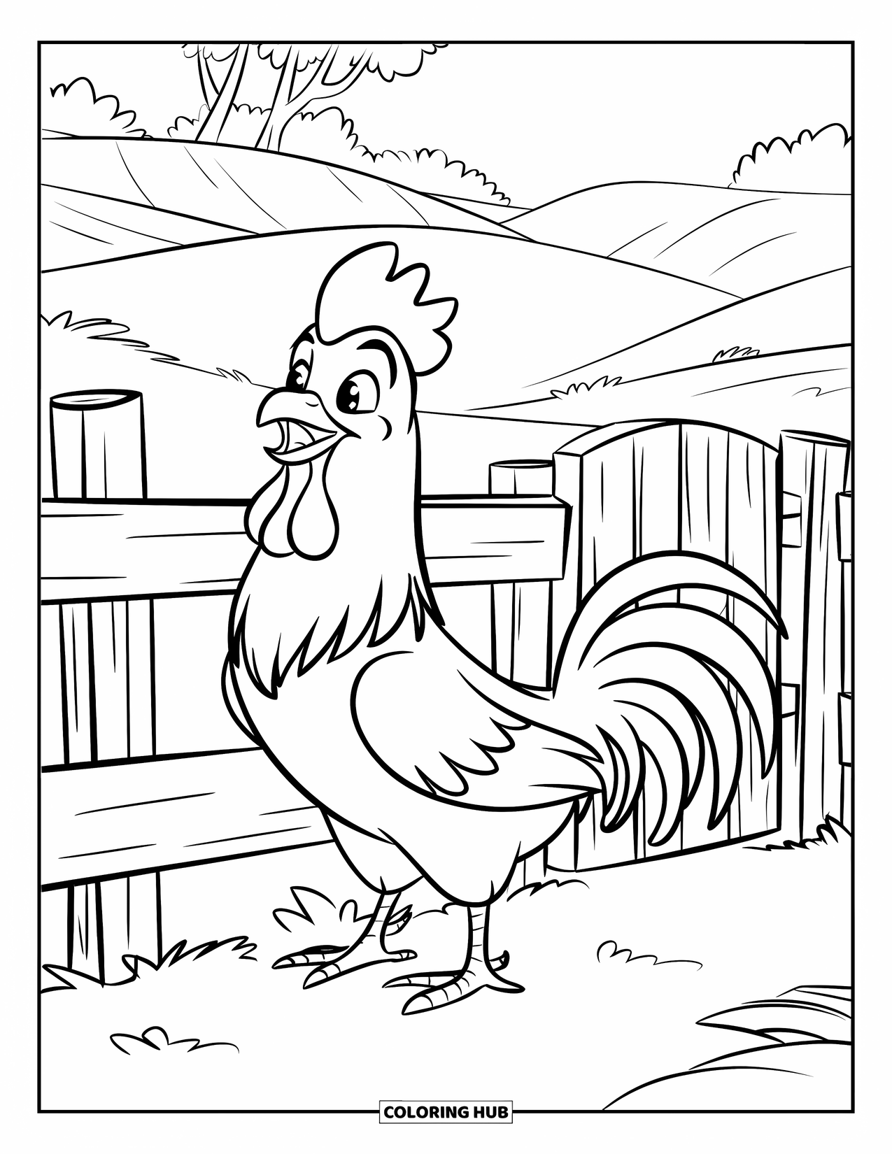 Rooster Coloring Page for Kids: Happy rooster stands by a wooden fence in a quiet countryside