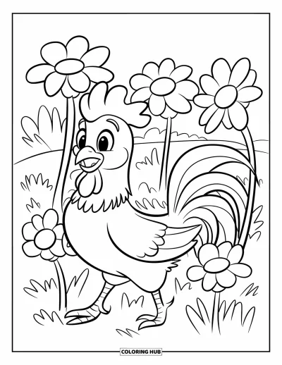 Desenho de galo para colorir para crianças: Galo feliz com coleira caminha entre margaridas gigantes