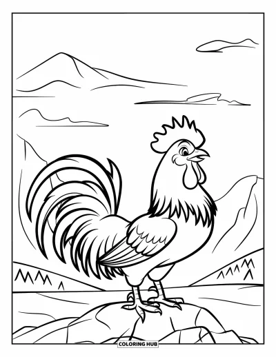 Desenho de galo para colorir para crianças: Galo majestoso em uma pedra com montanhas e nuvens ao longe