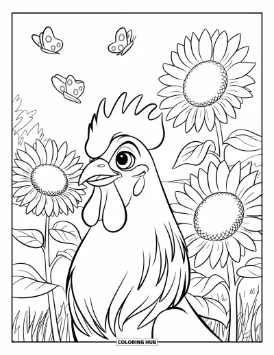 Desenho de galo para colorir para crianças: Galo entre girassóis altos com borboletas voando ao redor