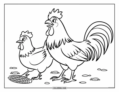 Desenho de galo para colorir para crianças: Galo e galinha bicam milho espalhado no chão