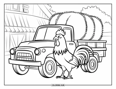 Desenho de galo para colorir para crianças: Galo ao lado de um caminhão de fazenda carregado de feno no campo tranquilo