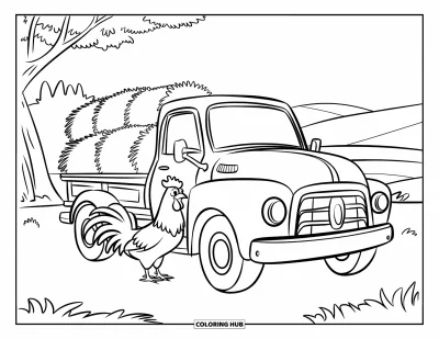 Desenho de galo para colorir para crianças: Galo ao lado de um caminhão de fazenda sob um céu limpo com colinas suaves ao fundo