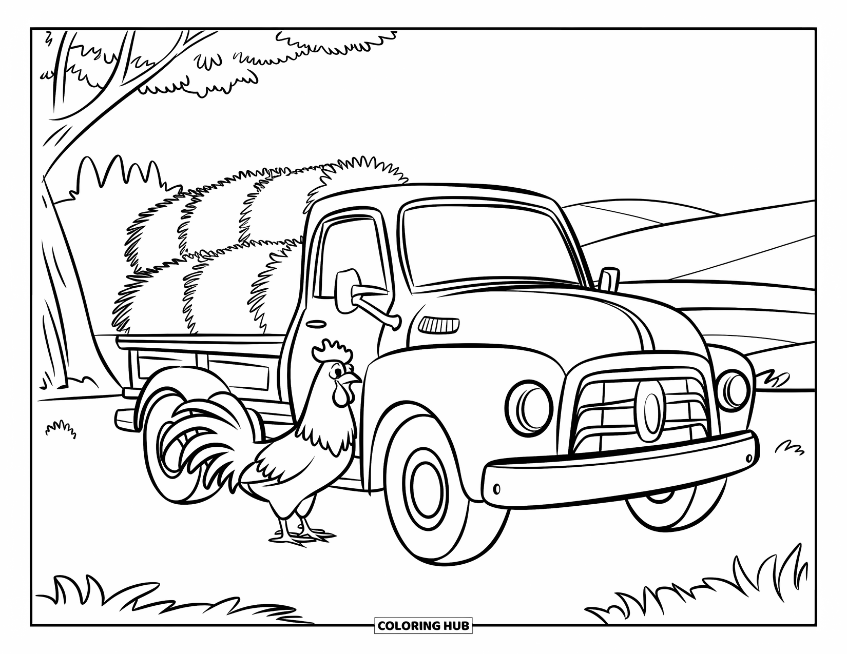 Rooster Coloring Page for Kids: Rooster beside a farm truck under a clear sky with soft rolling hills