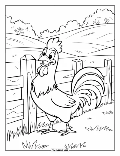 Desenho de galo para colorir para crianças: Galo canta ao lado de uma cerca com olhos arregalados e grama verde
