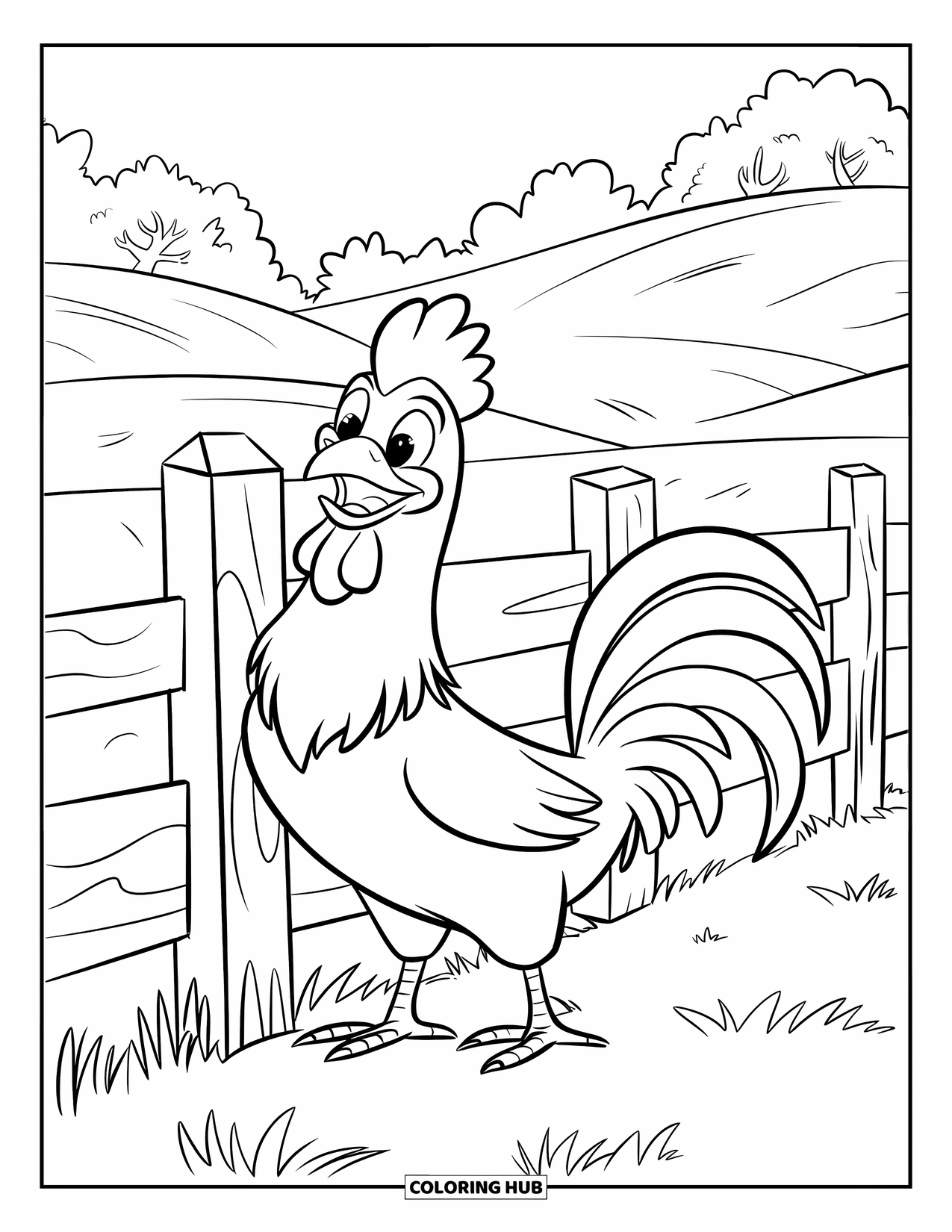 Rooster Coloring Page for Kids: Rooster crows beside a fence with wide eyes and green grass