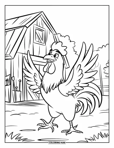 Desenho de galo para colorir para crianças: Galo bate as asas perto de um celeiro de madeira e algumas ferramentas espalhadas