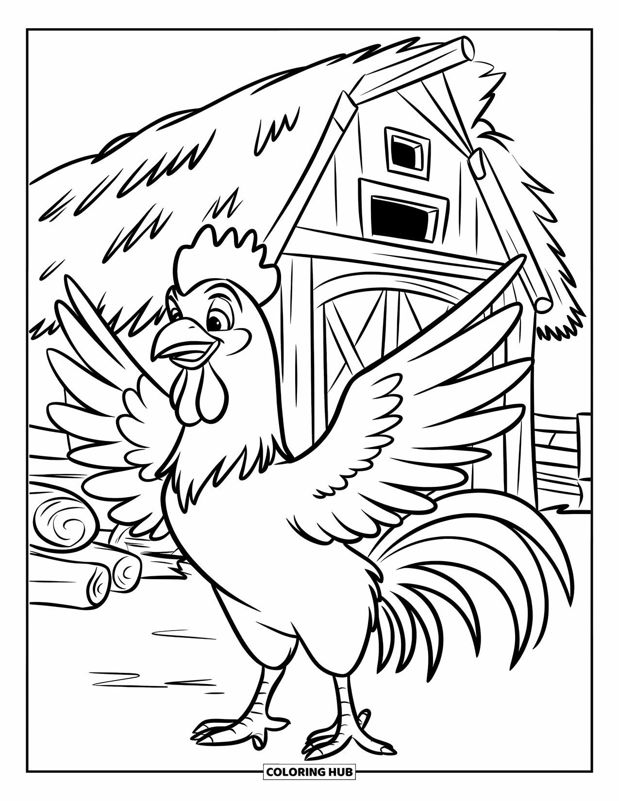 Rooster Coloring Page for Kids: Rooster flaps its wings proudly in front of a small wooden barn