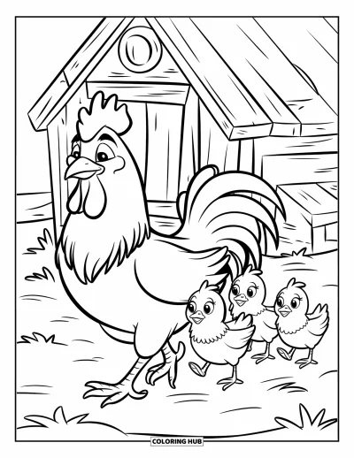 Desenho de galo para colorir para crianças: Galo lidera três pintinhos perto de um galinheiro aconchegante