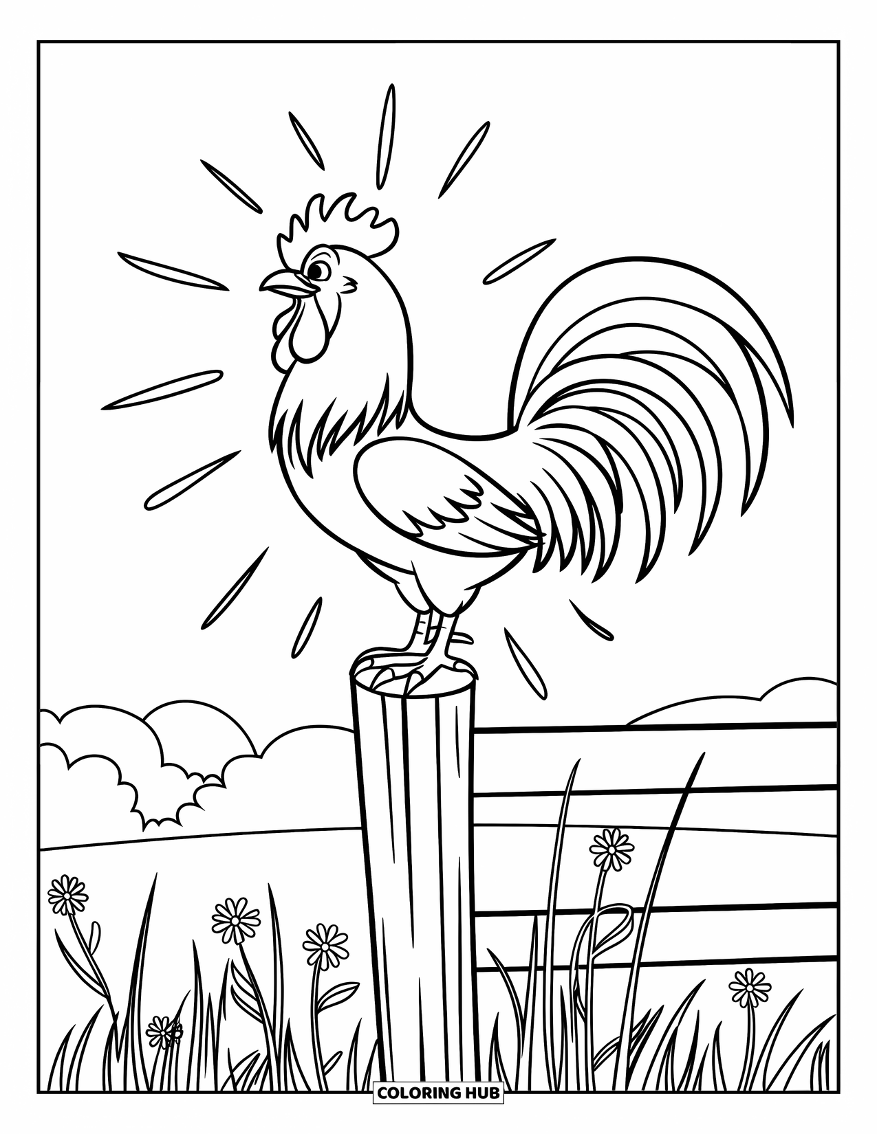 Rooster Coloring Page for Kids: Rooster mid-crow on a tall fence post with sun rays around