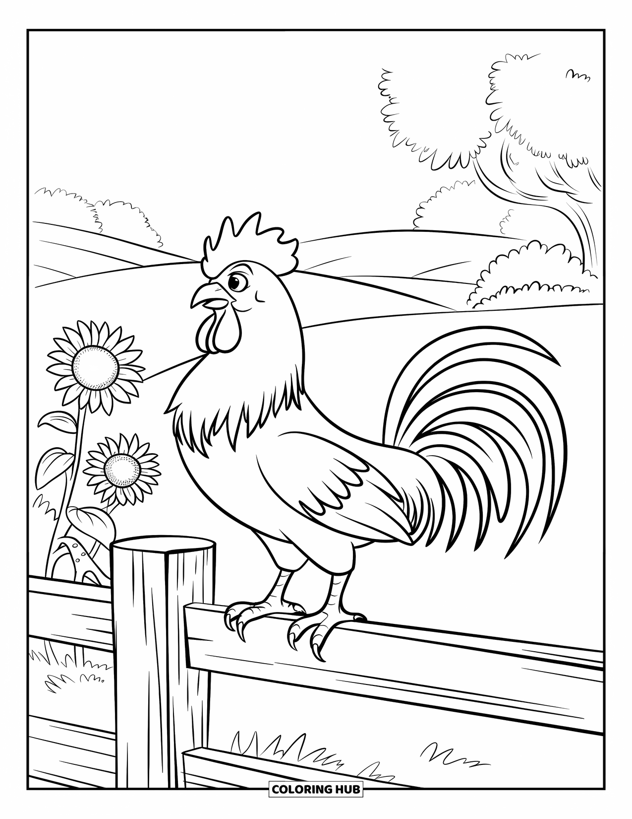 Rooster Coloring Page for Kids: Rooster on a fence beside a sunflower patch and peaceful hills