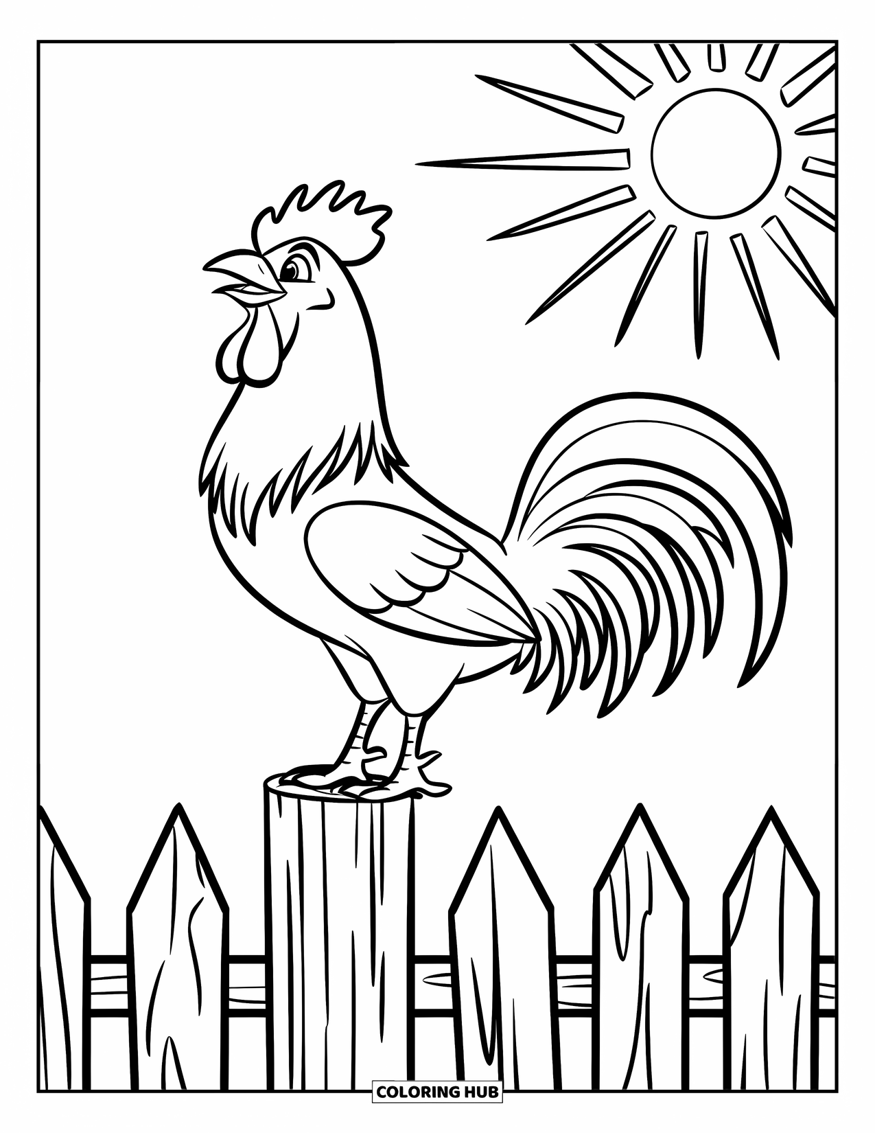 Rooster Coloring Page for Kids: Rooster perched on a fence post with sunlight beaming all around