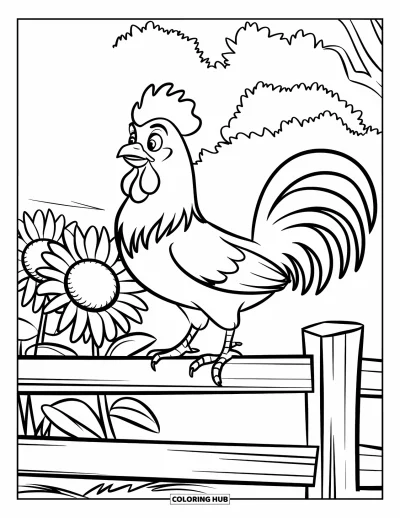 Desenho de galo para colorir para crianças: Galo empoleirado em uma cerca de madeira ao lado de girassóis vibrantes