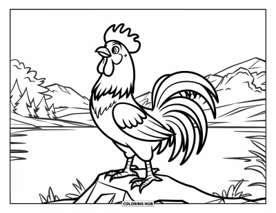 Desenho de galo para colorir para crianças: Galo ergue as asas de pé com orgulho sobre uma pedra