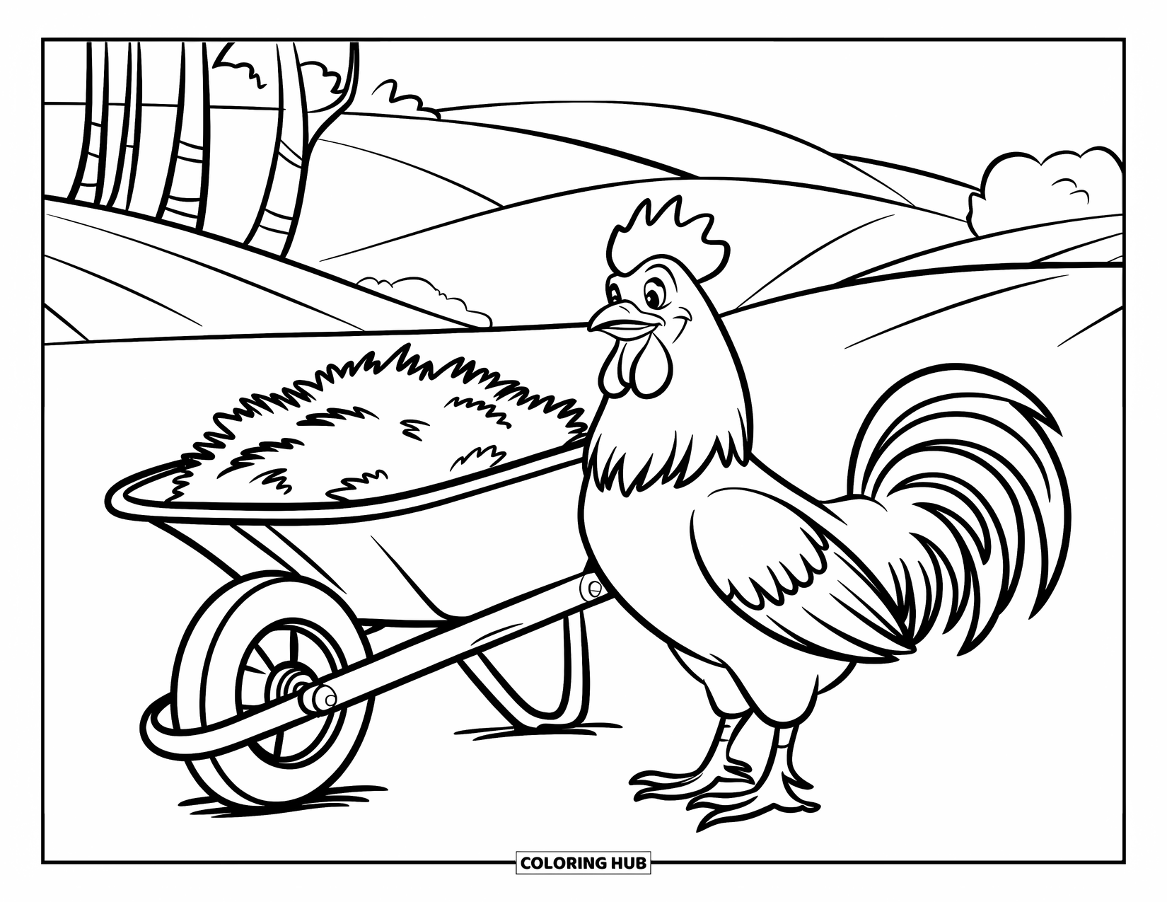 Rooster Coloring Page for Kids: Rooster stands beside a wheelbarrow full of hay in the countryside