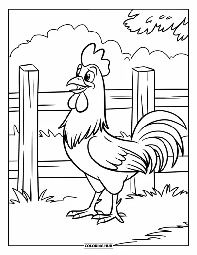 Desenho de galo para colorir para crianças: Galo perto de uma cerca de madeira em um campo verde e exuberante