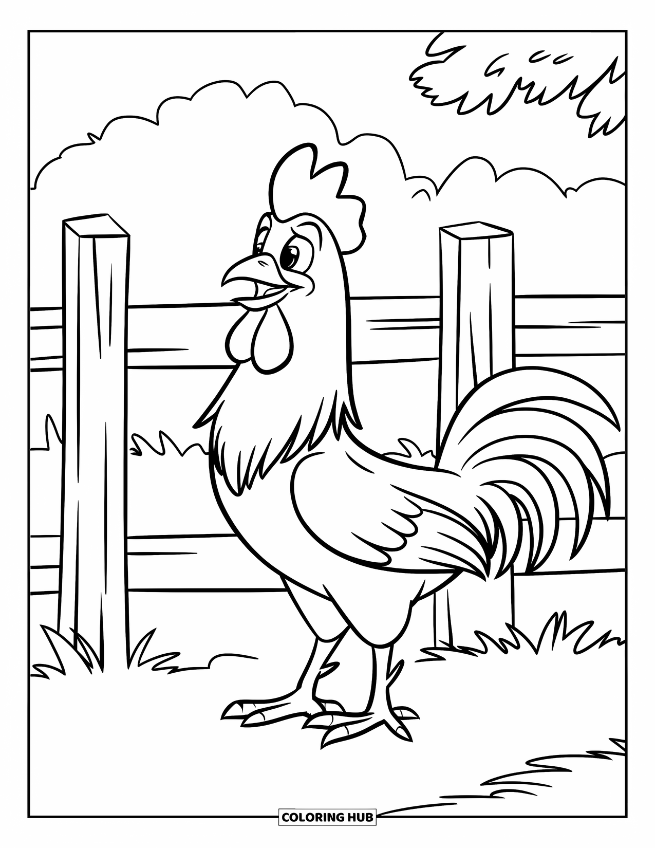 Rooster Coloring Page for Kids: Rooster stands near a wooden fence in a lush green field