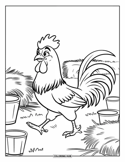 Desenho de galo para colorir para crianças: Galo caminha pelo terreiro com palha e baldes por perto