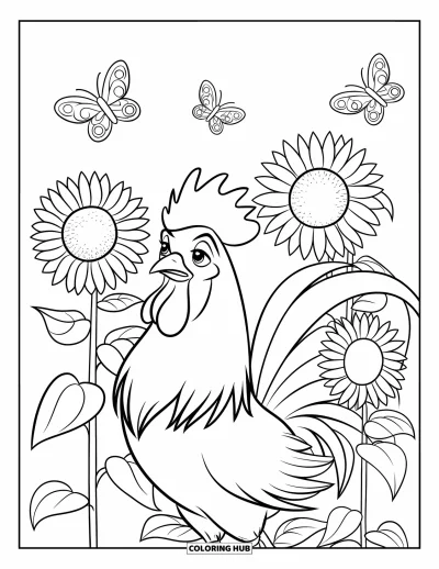 Desenho de galo para colorir para crianças: Galo rodeado por girassóis altos e borboletas esvoaçantes