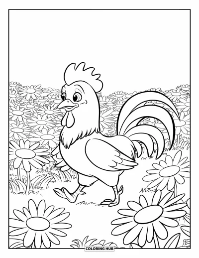 Desenho de galo para colorir para crianças: Galo caminha feliz entre margaridas altas em um campo ensolarado