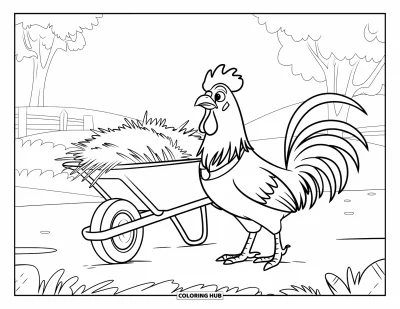 Desenho de galo para colorir para crianças: Galo com coleira ao lado de um carrinho de mão cheio de feno