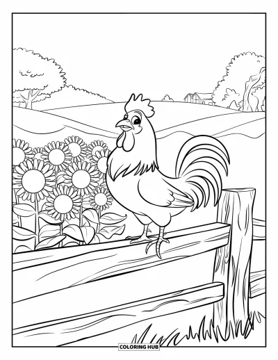 Desenho de galo para colorir para crianças: Galo com chapéu empoleirado perto de girassóis altos em uma cerca velha