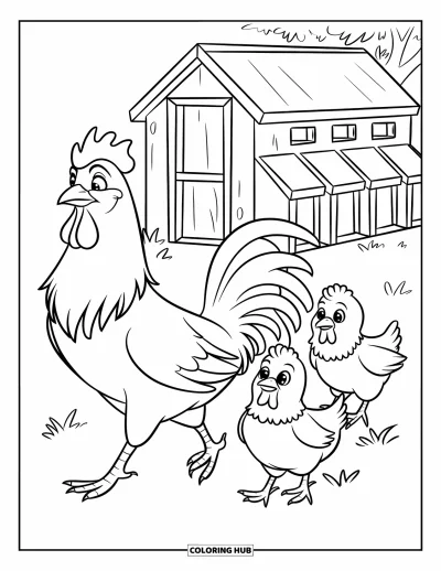 Desenho de galo para colorir para crianças: Galo com três pintinhos caminha em direção a um galinheiro