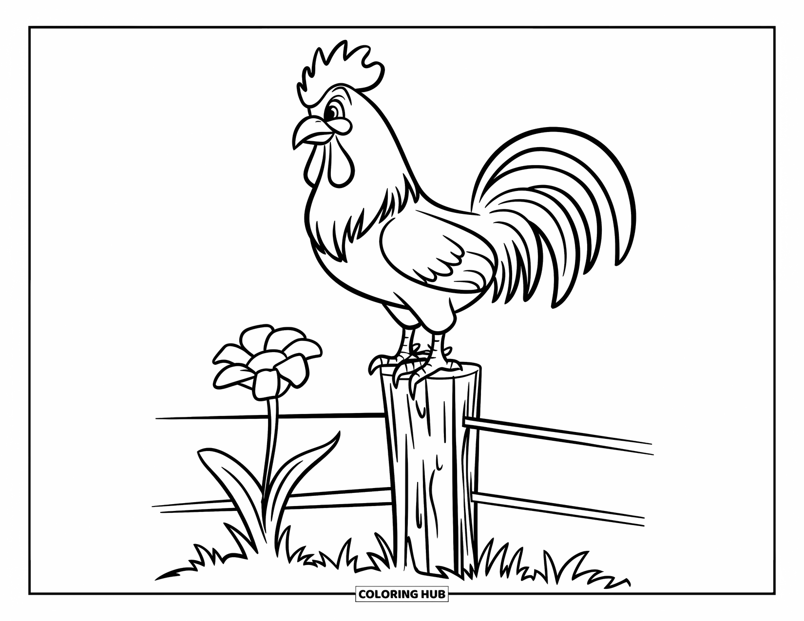 Rooster Coloring Page for Kids: Round rooster balances on a rustic post with a flower underneath