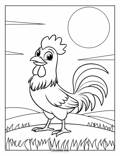 Desenho de galo para colorir para crianças: Galo sorridente em uma colina gramada com um sol grande brilhando acima
