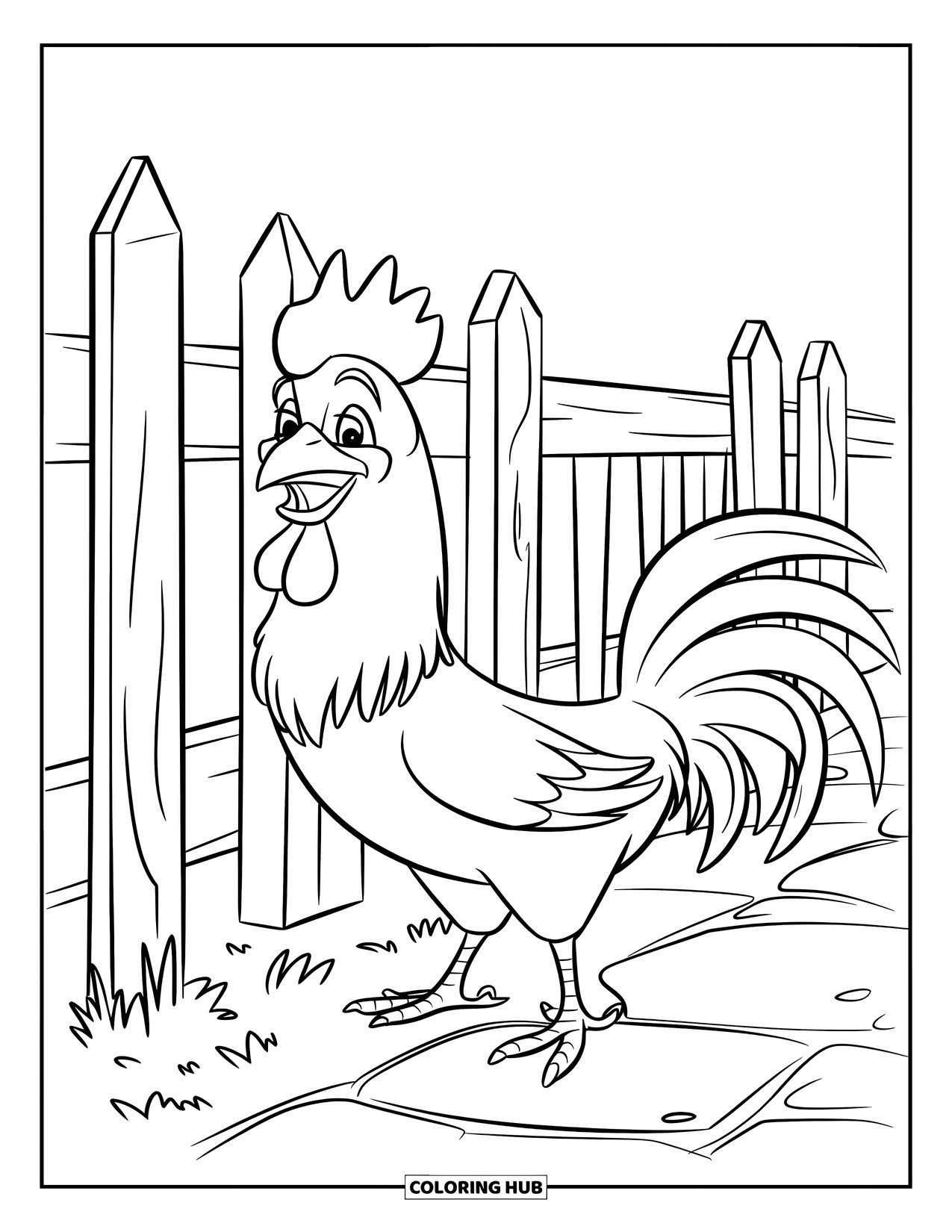 Rooster Coloring Page for Kids: Smiling rooster with bright comb stands next to a wooden fence