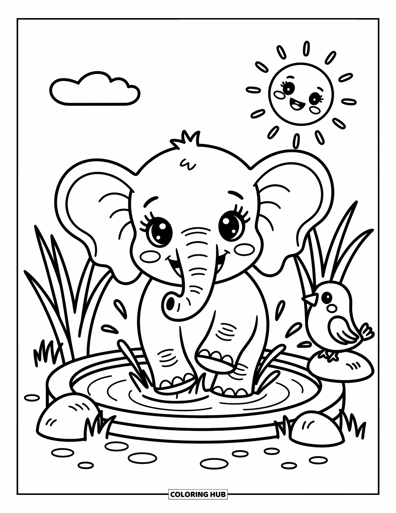 Safari Coloring Page for Adults: A baby elephant splashes in a watering hole with a bird nearby and a smiling sun