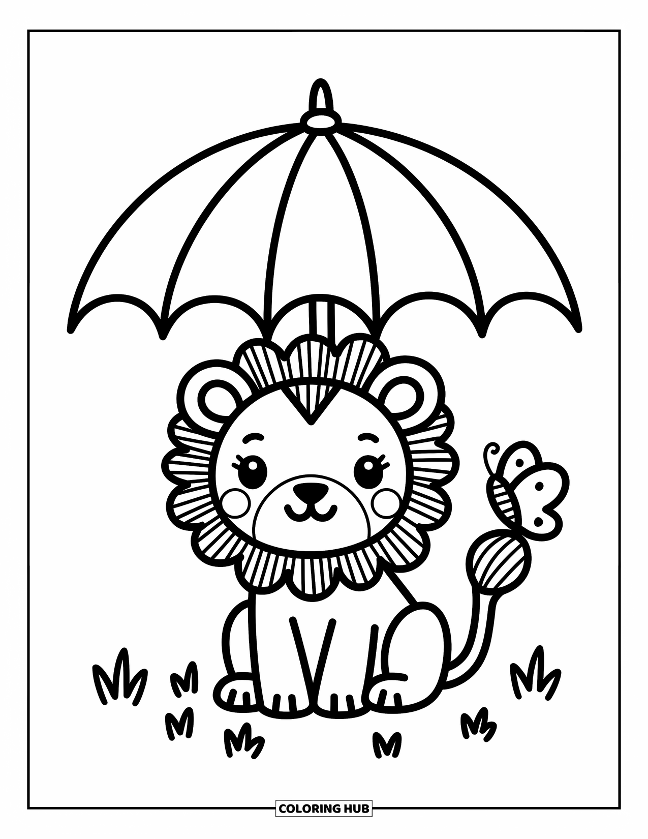Safari Coloring Page for Adults: A calm lion sits under a big tree with grass and a resting butterfly
