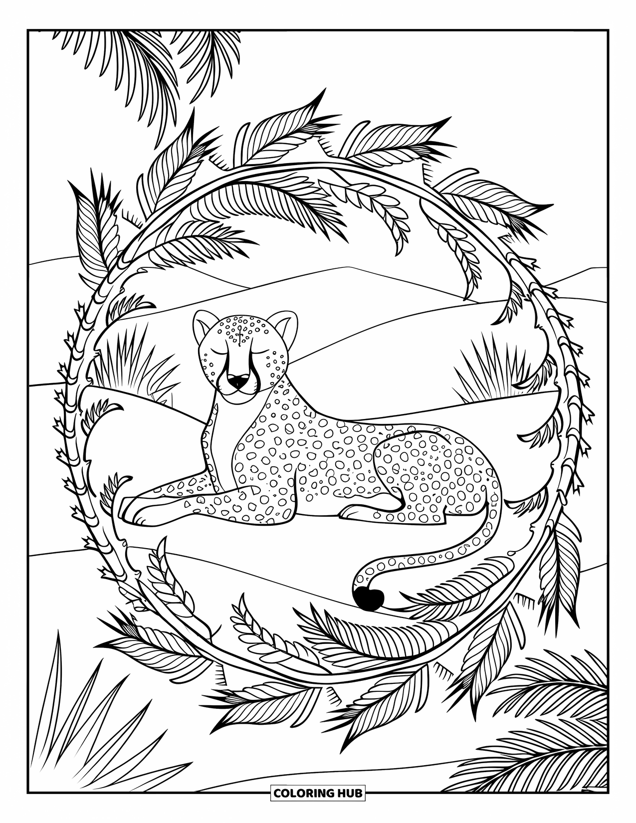 Safari Coloring Page for Adults: A cheetah naps beneath a mandala of palms and thorny floral lines in the desert