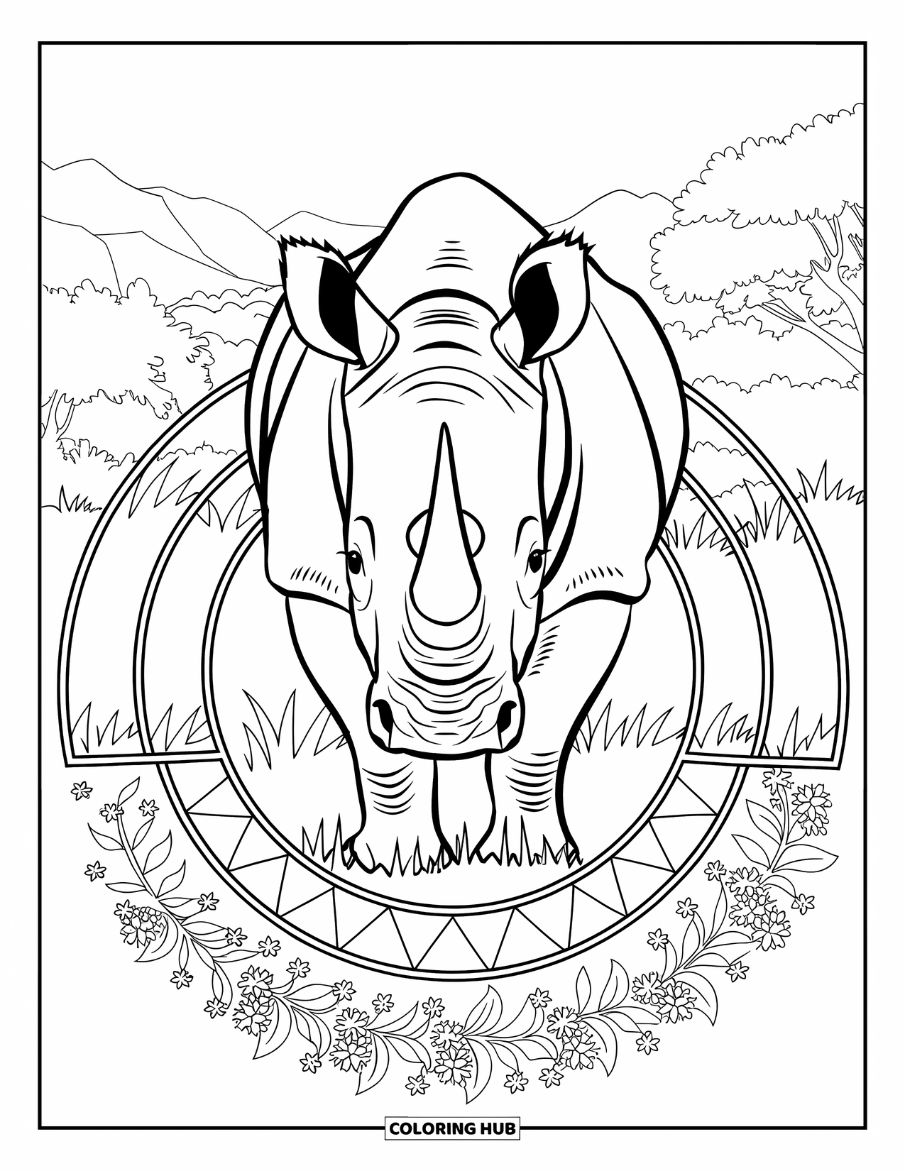 Safari Coloring Page for Adults: A focused rhino stands among mandala rings of grass and blooming flora