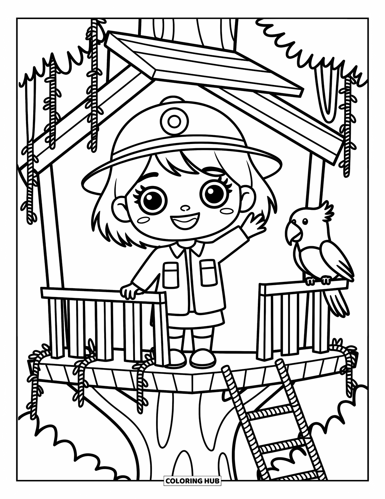Safari Coloring Page for Adults: A happy guide waves from a treehouse, with vines, a rope ladder, and a fluffy parrot